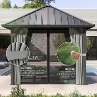 Outsunny 10' x 10' Hardtop Gazebo with Galvanized Steel Roof, Permanent Garden Gazebo with Netting and Curtains(m-7)