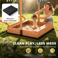Qaba Kids Sandbox with Lid, Wooden Sand Pit with Canopy, Foldable Picnic Table, Bench Seats, Bottom Liner, Cover, Brown(m-7)