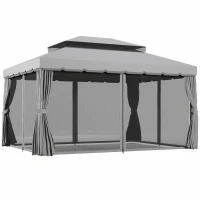 Outsunny 13' x 10' Patio Gazebo Canopy with 2-Tier Polyester Roof, Vented Mesh Sidewall & Strong Aluminum Frame, Medium Grey(m-11)