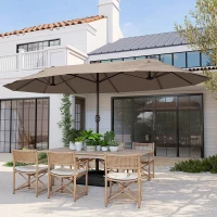 Outsunny 15' Outdoor Patio Umbrella with Twin Canopy Sunshade Steel Table Umbrella w/ Lift Crank, Cross base, Sandbag, Brown(m-10)
