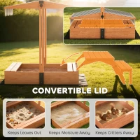 Qaba Kids Sandbox with Lid, Wooden Sand Pit with Canopy, Foldable Picnic Table, Bench Seats, Bottom Liner, Cover, Brown(m-6)