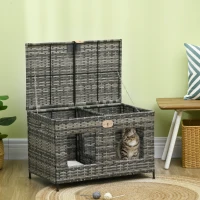 PawHut Rattan Cat Bed with Removable Divider, Double-Room Wicker Cat Bed for Indoor Cats, Pet Furniture for 2 Cats, Cushions, Outdoor Indoor Use, Gray(m-10)