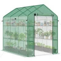 Outsunny 7' x 5' x 6' Walk-in Greenhouse for Outdoors with Mesh Door and Windows, 18 Shelf Hot House with Trellis, Plant Labels, UV Protective for Growing Flowers, Herbs, Vegetables, Saplings, Green(m-1)