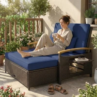 Outsunny Rattan Outdoor Daybed w/4-Level Adjustable Backrest, Patio Sofa Bed w/Storage Ottoman, Acacia Wood Armrest, Navy Blue(m-9)