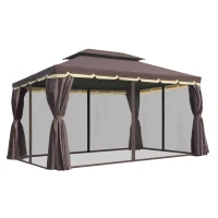 Outsunny 10' x 13' Patio Gazebo, Aluminum Frame Double Roof Outdoor Gazebo Canopy Shelter with Netting & Curtains, Coffee(m-11)