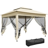 Outsunny Outdoor Patio Pop Up Canopy Gazebo Shelter with Zipper Netting, Carry Bag, 11' x 11', Beige(m-11)