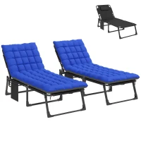 Outsunny Folding Chaise Lounge Chair Outdoor Tanning Chair Set of 2 with 5-Position Backrest, Cushions, Side Pocket, Gray/Blue(m-11)