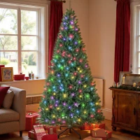 HOMCOM 7.5ft Prelit Christmas Tree with RGB Dynamic LEDs, Remote Control, Daily Timer, Hinged Xmas Tree, Easy Assembly(m-2)