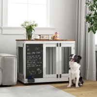 PawHut 39" Dog Crate Furniture Side Table for Large Dogs with Three Doors, Blackboard & Non-Slip Foot Pads, White(m-10)