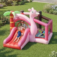 Qaba Inflatable Bounce House with Ball Pool, Basketball Hoop, Jumping Bouncy Castle with Blower for Indoor Outdoor, Pink(m-2)