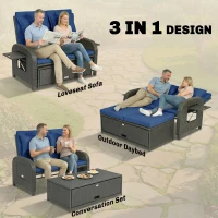 Outsunny Patio Rattan Daybed, Wicker Outdoor Daybed with Storage Ottoman, Loveseat w/ Adjustable Backrest, Side Tables, Navy Blue(m-4)