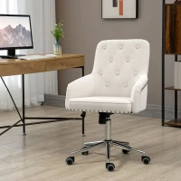HOMCOM Modern Mid-back Desk Chair with Button Tufted Velvet Back, Nailhead Trim, Swivel Home Office Chair with Adjustable Height, Curved Padded Armrests, White(m-10)