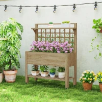 Outsunny 41" Raised Garden Bed Mobile Elevated Wooden Planter Box Stand with Wheels, Trellis and Storage Shelf, Dark Brown(m-10)