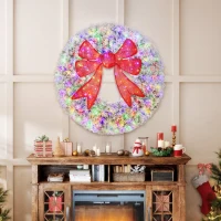 HOMCOM 48in Flocked Pre-Lit Christmas Wreath with 3D Red Bow, 11 Lighting Modes, Front Door Christmas Wreath with Remote(m-2)