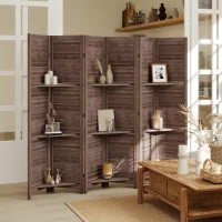 HOMCOM 6 Panel 67" Tall Wood Privacy Screen Room Divider with 3 Shelves and Folding Storage for Bedroom, Walnut(m-2)