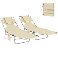 Outsunny 2 Tanning Chairs with Face Hole, 5-Level Adjustable Outdoor Chaise Lounge Chair with Pillow for Beach, Pool, Beige(m-11)
