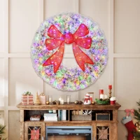 HOMCOM 60in Flocked Pre-Lit Christmas Wreath with 3D Red Bow, 11 Lighting Modes, Front Door Christmas Wreath with Remote(m-2)