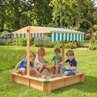 Outsunny Wooden Sandbox with Cover, Kids Sandbox Outdoor with Adjustable Canopy and Seats for Backyard, Beach, Light Brown(m-8)