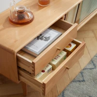 Modern TV Cabinet with High-Quality Glass Doors, Sturdy TV Stand with 2 Pull-Out Drawers, 71″ L x 12.5″ W x 16.5″ H, Natural Wood(m-5)