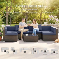 Outsunny 7pc Garden Wicker Sectional Set w/ Tea Table Patio Rattan Lounge Sofa Outdoor Deck Furniture Navy Blue(m-6)
