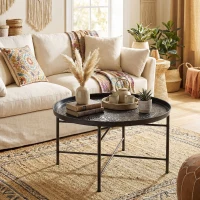 HOMCOM Coffee Table for Living Room, 24" Round Center Table with Hammered Tray Top and Metal Frame for Bedroom, Black(m-2)