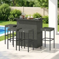 Outsunny 5 Piece Rattan Wicker Bar Set, High Top Outdoor Table and Chairs, Bar Height Patio Set, 2 Shelves & 4 Bar Stools, Gray(m-8)