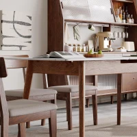 Extendable Dining Table with Stone Slab Tabletop, Sturdy Kitchen Table with Rounded Corners, 59″ L x 31.5″ W x 29.5″ H, White+Walnut(m-6)
