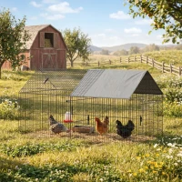 PawHut Metal Chicken Coop, Large Chicken Run with Water-Resistant & Anti-UV Cover for 2-3 Hens, Outdoor Hen House with 4 Doors(m-1)