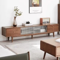 Modern TV Stand with 2 Pull-Out Storage Cabinets, Sturdy TV Cabinet with 5-Leg Stable Support, 78.5″ L x 13.5″ W x 17.5″ H, Walnut(m-1)