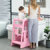 Qaba Toddler Tower with Adjustable Height, Anti-slip Mat, Toddler Step Stool, Pink(m-2)