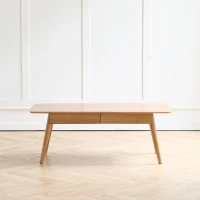 Solid Oak Coffee Table with 2-Drawer Storage and Open Shelf, Multi-Use Low Writing Desk for Modern Homes, 47″ L x 22″ W x 17.5″ H, Oak(m-10)