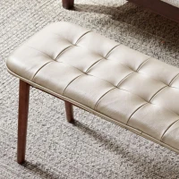 Solid Upholstered Dining Bench with Top-Grain Cowhide Leather Seat, Versatile Stool for Entryway, 51″ L x 12.5″ W x 17.5″ H, White+Walnut(m-7)