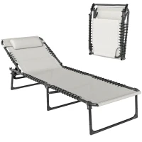 Outsunny Outdoor Folding Lounge Chair, 4-Level Adjustable Chaise Lounge with Headrest, Tanning Chair Beach Bed, Reclining Lounger Cot for Camping, Hiking, Backyard, Cream(m-2)