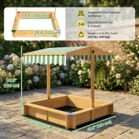 Outsunny Wooden Sandbox with Cover, Kids Sandbox Outdoor with Adjustable Canopy and Seats for Backyard, Beach, Light Brown(m-3)