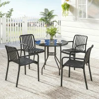 Outsunny Stackable Patio Chairs Set of 4, Outdoor Dining Chairs with Slatted Seat, Curved Backrest, Armrests, Black(m-1)