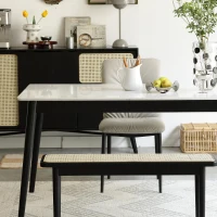 Modern Solid Oak Wood Bench with Handwoven Rattan Seat, Versatile Dining Stool with Sturdy Rounded Legs, 39.5″ L x 11″ W x 17″ H, Black(m-1)