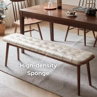 Solid Upholstered Dining Bench with Top-Grain Cowhide Leather Seat, Versatile Stool for Entryway, 51″ L x 12.5″ W x 17.5″ H, White+Walnut(m-4)