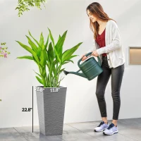 Outsunny 22.8 Inch Set of 3 Outdoor Planters with Stone Finish and Wheels, Stackable Tapered Planters with Drainage Hole, Gray(m-3)
