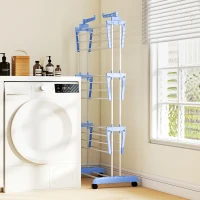 HOMCOM Foldable Clothes Drying Rack, 4-Tier Steel Laundry Rack for Drying Clothes with 2 Side Wings and 4 Castors, Indoor and Outdoor Use, Blue(m-10)
