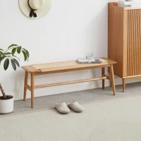 Solid Dining Bench with Handwoven Breathable Seat, Durable Wood Bench for Entryway or Dining, 43.5″ L x 12″ W x 16″ H, Oak(m-4)