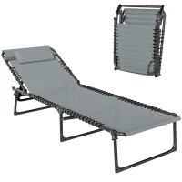 Outsunny Folding Lounge Chair, Adjustable Chaise Lounge with Headrest, Reclining Lounger Cot for Camping, Hiking, Light Grey(m-11)