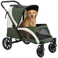 PawHut Foldable Pet Stroller for Large Dogs with Four Big Wheels, Shock-Absorbing Frame, Safety Leashes, Brakes, Dark Green(m-11)