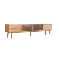 Modern TV Cabinet with High-Quality Glass Doors, Sturdy TV Stand with 2 Pull-Out Drawers, 71″ L x 12.5″ W x 16.5″ H, Natural Wood(m-2)