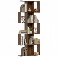 HOMCOM 5-Tier Bookshelf, S Shaped Geometric Bookcase with 15 Compartments, Brown Wood Grain(m-11)