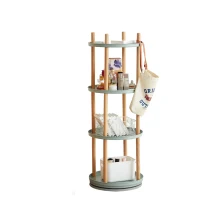 4-Tier Rotating Bookcase with Solid Beech Support Rod, Space-Saving Bookshelf with 6 Bookends, 16.5″ L x 16.5″ W x 33″ H, Blue(m-14)