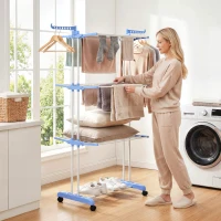 HOMCOM Foldable Clothes Drying Rack, 4-Tier Steel Laundry Rack for Drying Clothes with 2 Side Wings and 4 Castors, Indoor and Outdoor Use, Blue(m-9)