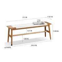 Solid Dining Bench with Handwoven Cane Seat, Versatile Wood Bench for Dining Room or Bedroom, 31.5″ L x 12″ W x 16″ H, White(m-3)