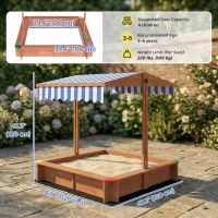 Outsunny Wooden Sandbox with Cover, Kids Sandbox Outdoor with Adjustable Canopy and Seats for Backyard, Beach, Dark Brown(m-3)