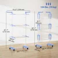 HOMCOM Foldable Clothes Drying Rack, 4-Tier Steel Laundry Rack for Drying Clothes with 2 Side Wings and 4 Castors, Indoor and Outdoor Use, Blue(m-3)