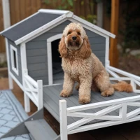 PawHut Small/Medium Dog House with Porch, Gray(m-8)